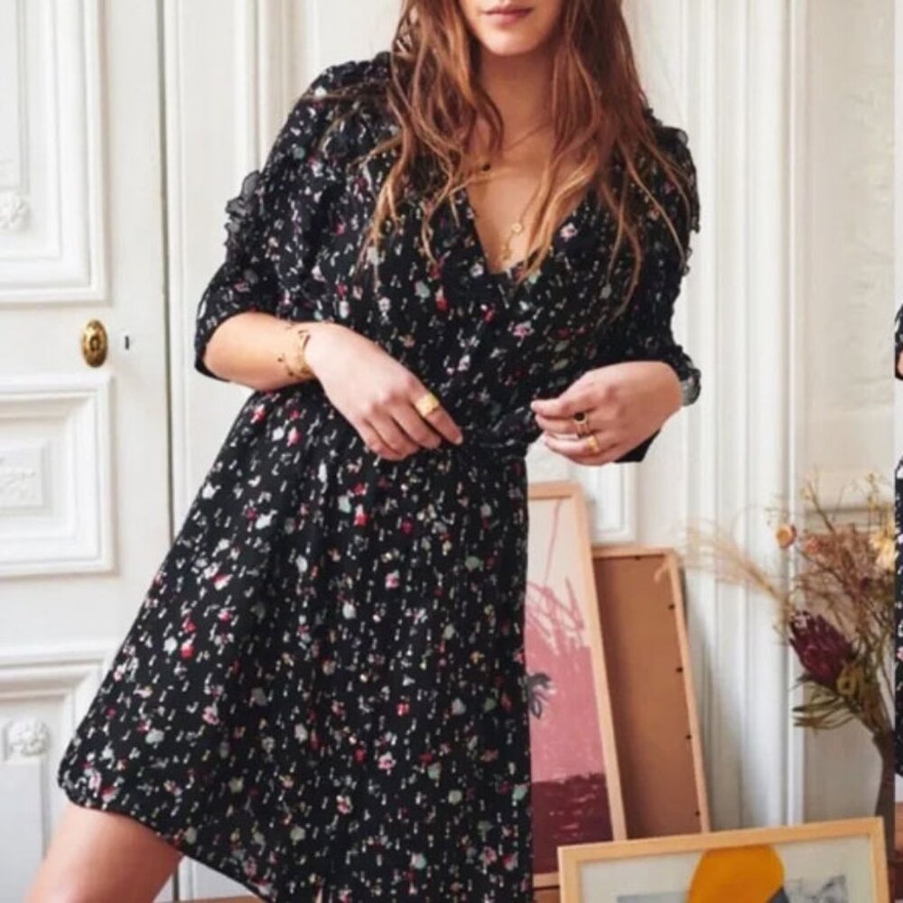 Sezane Josephine Floral Silk Chiffon Mini Dress 36 4 Black Metallic